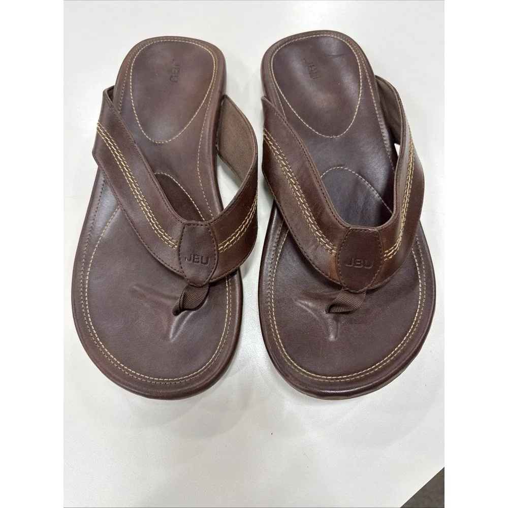 JBU Sandals Mens 10 Flip Flop Thong Flats Brown Leather Slip On Slippers